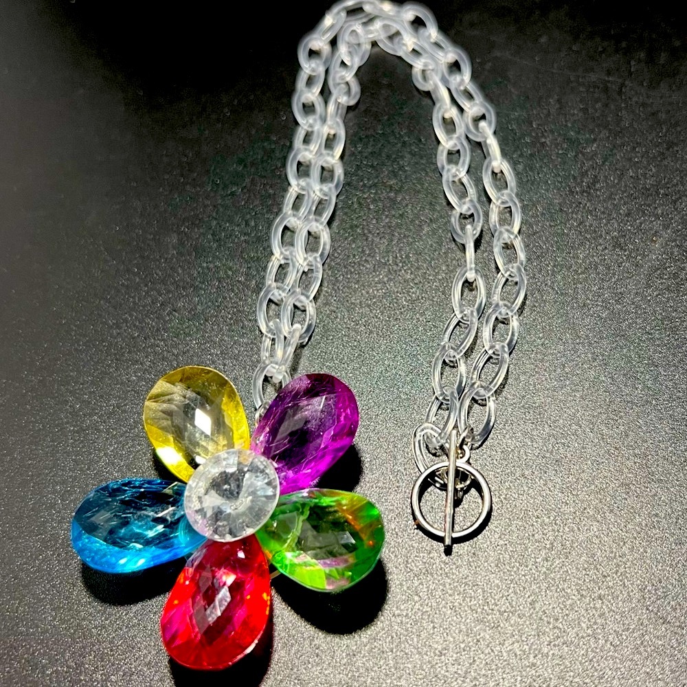 Vintage Lucite Multi Color Petal Flower on Clear Chain Necklace Faceted Plastic